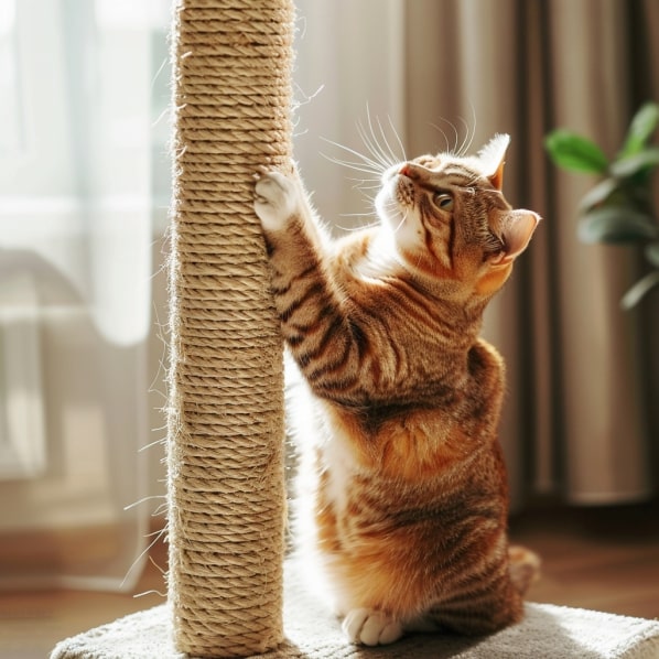 Kot ostrzy pazury na drapaku