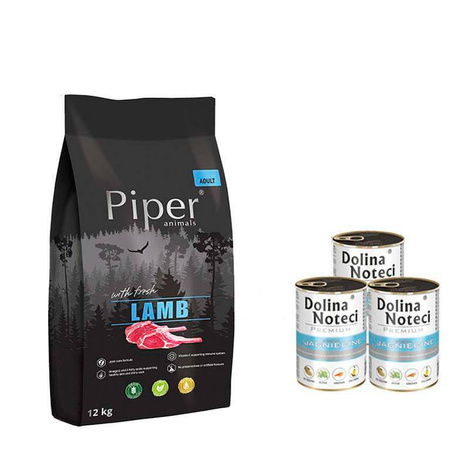 Karma sucha dla psa Piper Animals z jagnięciną zestaw 12 kg + 3 x 800 g Dolina Noteci Premium jagnięcina