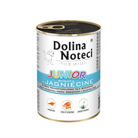 Mokra karma dla psa junior Dolina Noteci Premium bogata w jagnięcinę puszka 400 g