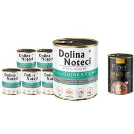 Mokra karma dla psa Dolina Noteci Premium bogata w perliczkę z jabłkiem zestaw 6 x 800 g + gratis Piper Animals z sercami z kurczaka i szpinakiem 400 g
