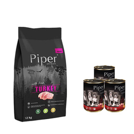 Karma sucha dla psa Piper Animals Junior z indykiem zestaw 12 kg + 3 x 400 g Piper junior z sercami wołowymi i marchewką