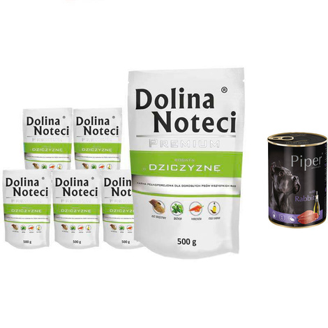 Mokra karma dla psa Dolina Noteci Premium bogata w dziczyznę zestaw 10 x 500 g + gratis Piper Animals z królikiem 400 g