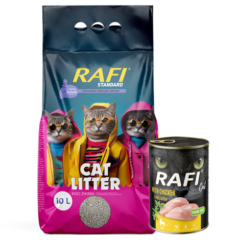 Rafi Zbrylający żwirek dla kota o zapachu lawendy Standard 10 l + gratis Rafi Cat Adult z kurczakiem 400 g