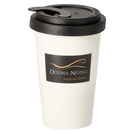 Dolina Noteci Kubek porcelanowy z czarną przykrywką 300 ml Ciężko pracuję na saszety