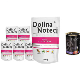 Mokra karma dla psa Dolina Noteci Premium bogata w indyka zestaw 10 x 500 g + gratis Piper Animals z królikiem 400 g