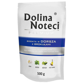 Mokra karma dla psa Dolina Noteci Premium bogata w dorsza z brokułami saszetka 500 g