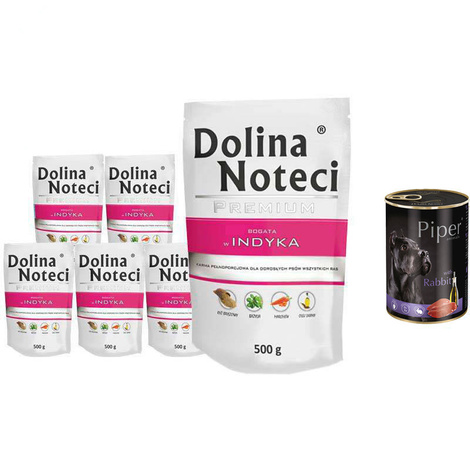 Mokra karma dla psa Dolina Noteci Premium bogata w indyka zestaw 10 x 500 g + gratis Piper Animals z królikiem 400 g